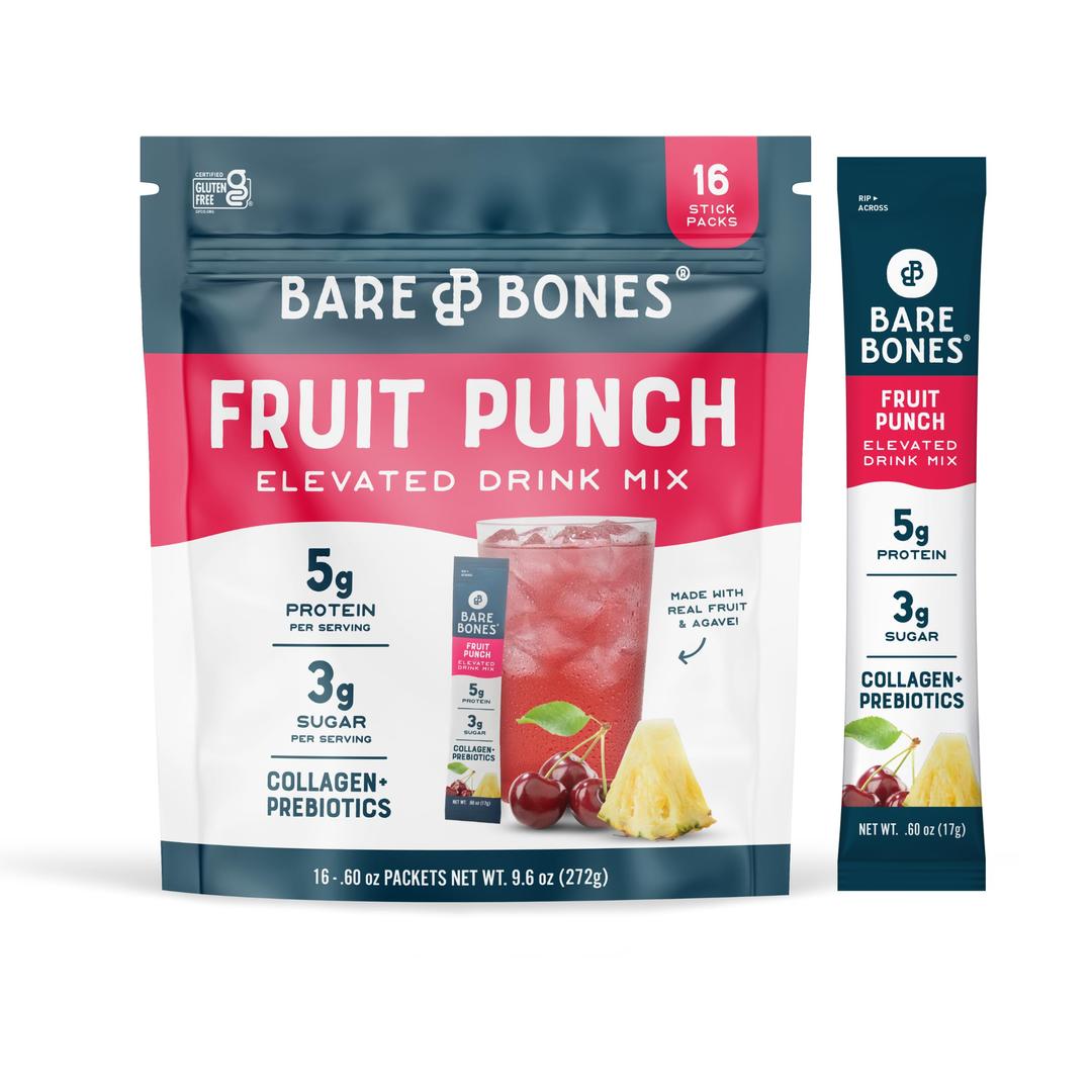 Bare BonesFruit Punch Elevated Drink Mix With Collagen & Prebiotics | On-the-Go Stick Packs Powdered Refreshment with Blend of Health and Convenience | 3g Sugar | 16 Packets (.60 oz)