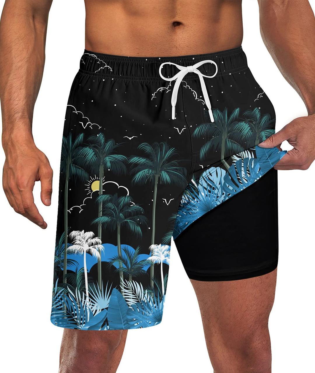 UNICOMIDEAMen Swim Trunks with Compression Liner 9 Inch Long Board Shorts