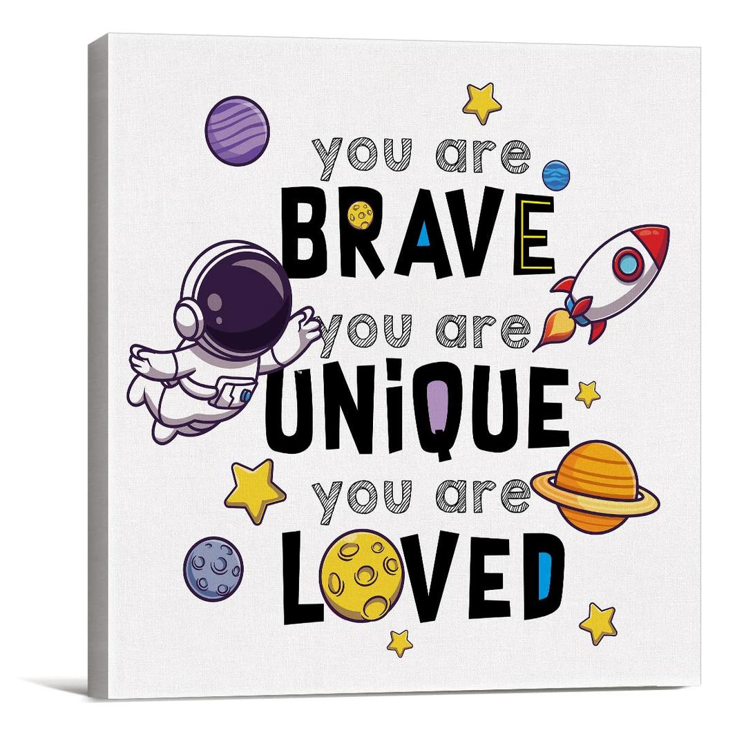 Inspirational Outer Space Nursery Sign Wall Art Prints Canvas Painting Space Astronaut You are Brave Unique Loved Print Home Bedroom Decor 8" x 8"