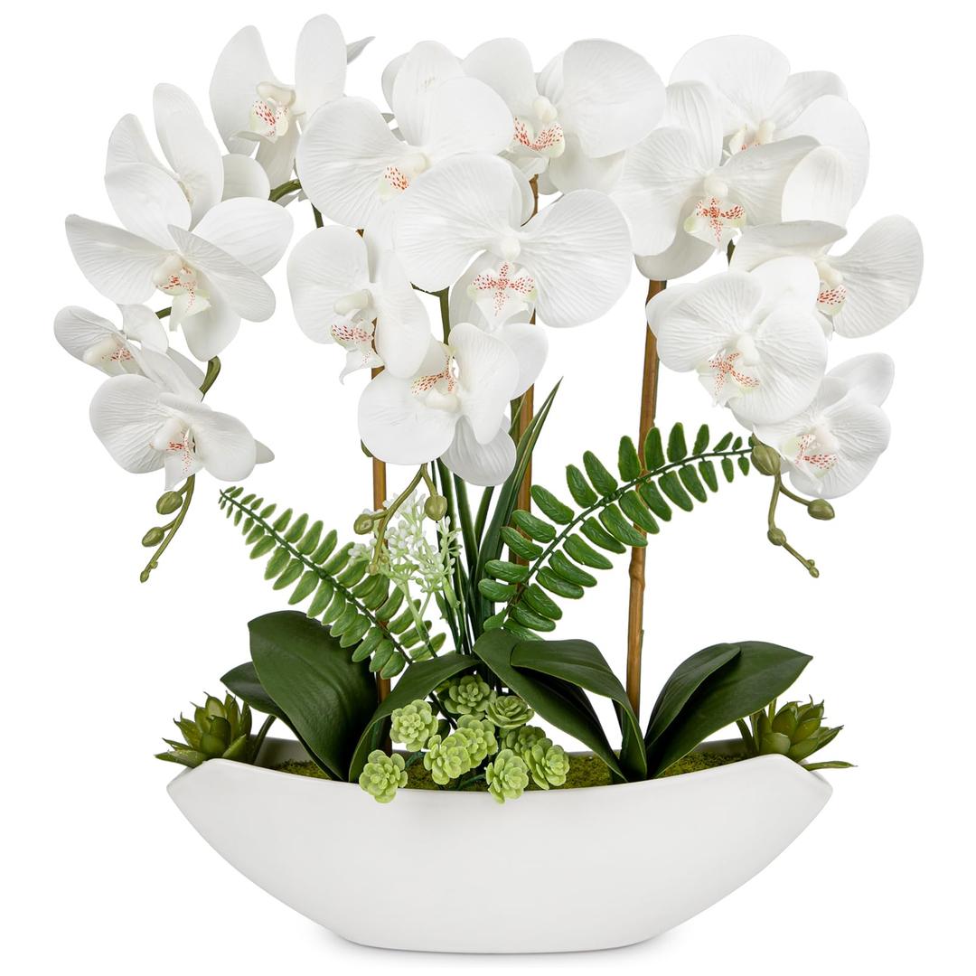 BrifulOrchid Artificial Flowers 18in White Fake Orchid Silk Flowers with Ceramic Pot Faux Orchid Arrangement for Home Office Room Coffee Table Centerpiece Modern Decoration