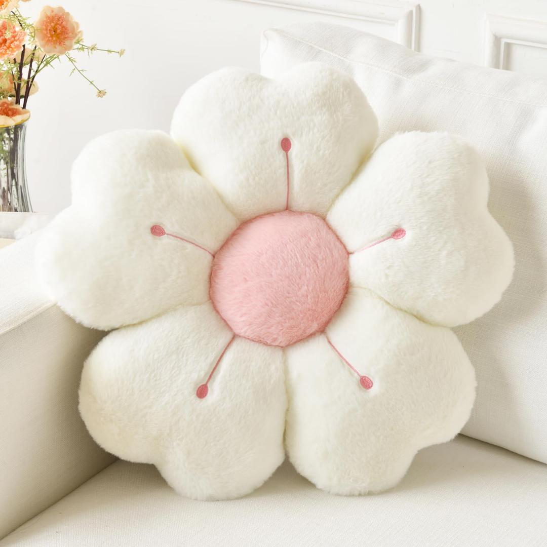 Flower Pillow, Flower Shaped Pillow Decorative Throw Pillows for Bed Couch, Cute Daisy Pillow Dorm Decor Floor Seating Cushion (White, 15 Inches)