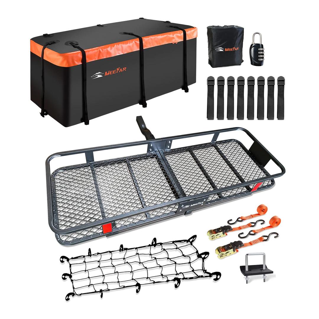 MeeFarFolding Hitch Mount Cargo Carrier Basket 60" X 20" X 6"+Waterproof Cargo Bag 16 Cubic Feet(58" 19" 24"),Hauling Weight Capacity of 500 Lbs and A Folding Arm.with Hitch Stabilizer,Net and Straps