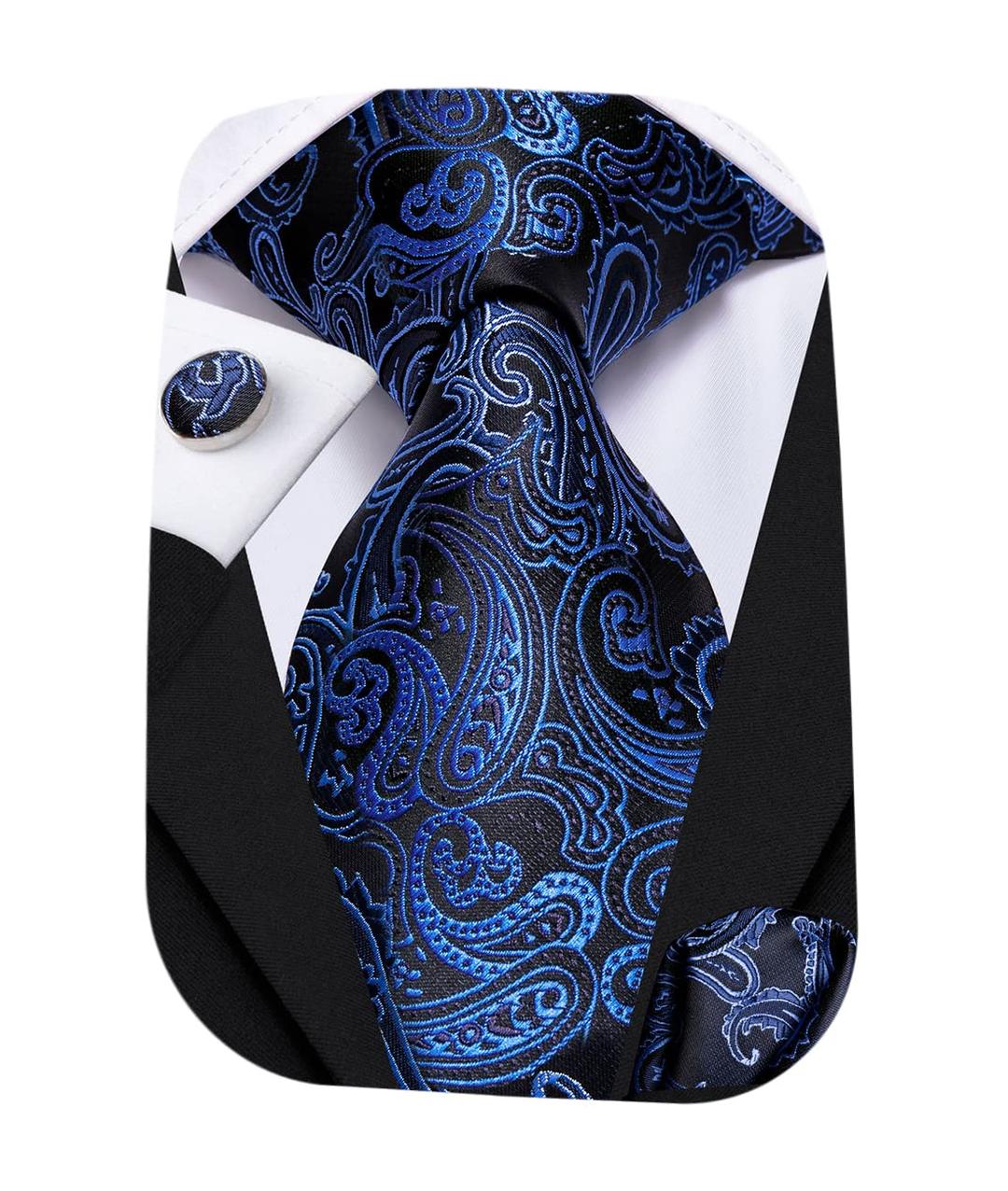 Hi-TieMens Silk Paisley Necktie and Pocket Square Cufflinks Set for Wedding Business