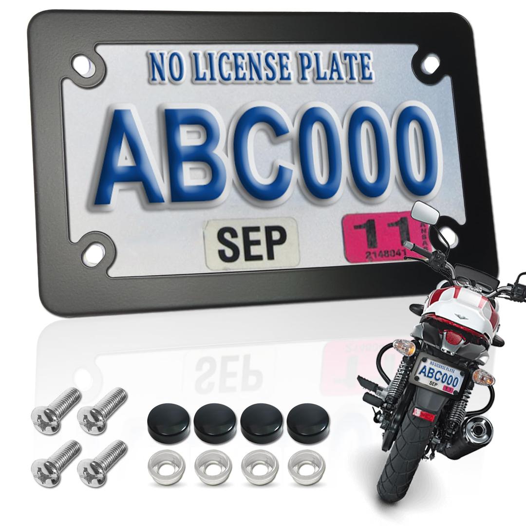 FBJTDQ Motorcycle License Plate Frame- Black Matte Stainless Steel Bike Tag Plate Holder, 4 Holes Heavy-Duty Metal Bracket 1 Pack, with Mounting Hardware Screws Nuts Caps