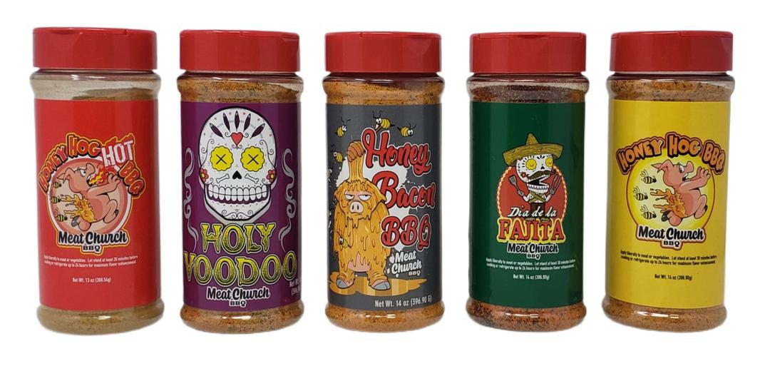 Meat Church Barbecue Rub Variety Pack - Honey Bacon BBQ, Dia de la Fajita, Honey Hog Hot BBQ, Holy Voodoo, and Honey Hog BBQ - 69 oz Total of Meat Church Seasoning