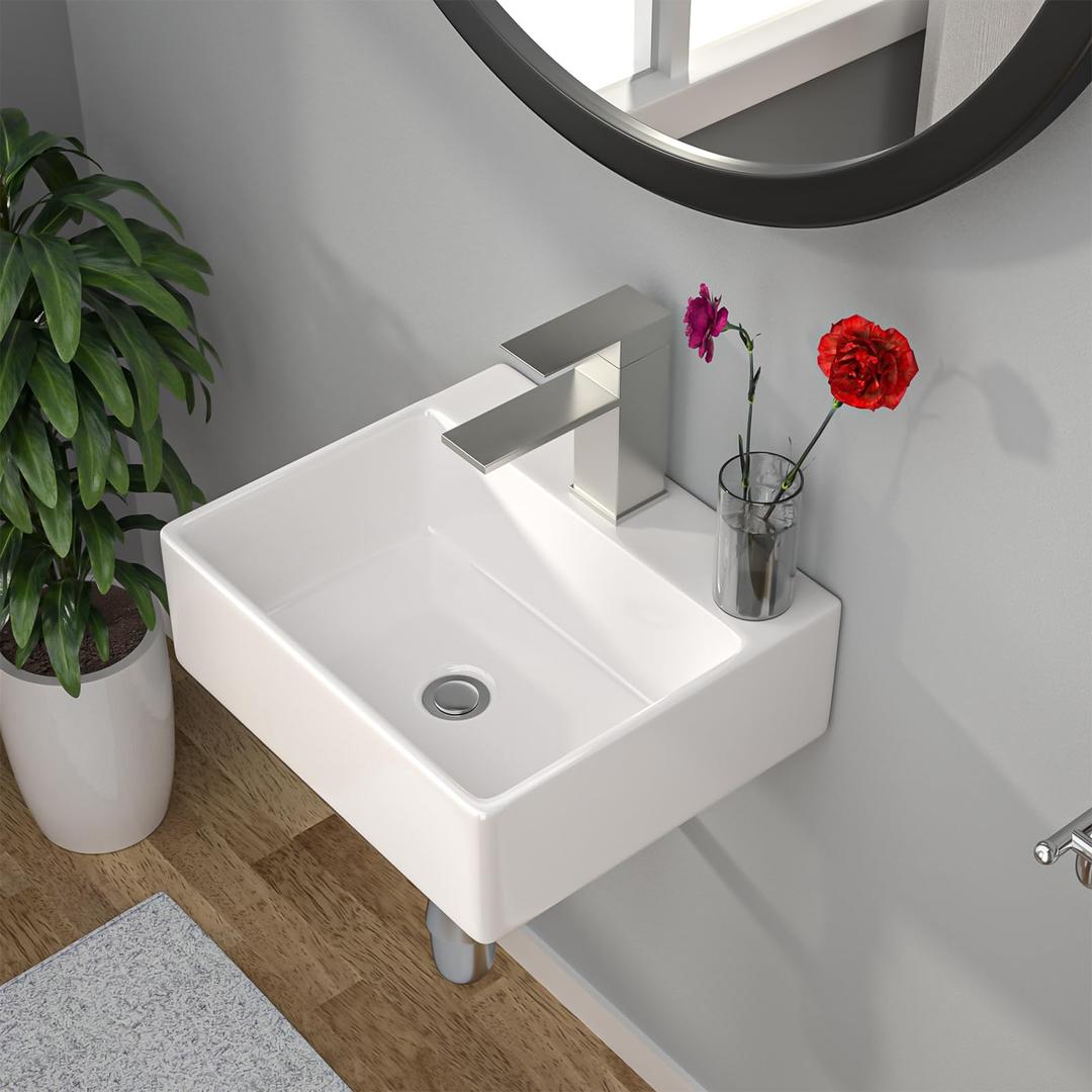 Kichae Wall Mount Hung Small Vessel Sink - Bathroom Corner Floating Sink Rectangle 13" x 11" Modern Bathroom White Porcelain Ceramic Vessel Vanity Sink with Faucet Hole