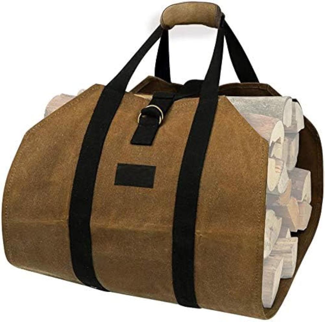 THE WHITE SHOP Fireplace Carrier Waxed Firewood Canvas Log Carrier Tote Bag Outdoor Log Tote Large Wood Carrying Bag with Handles Security Strap Camping Indoor Firewood Log Holder Brown