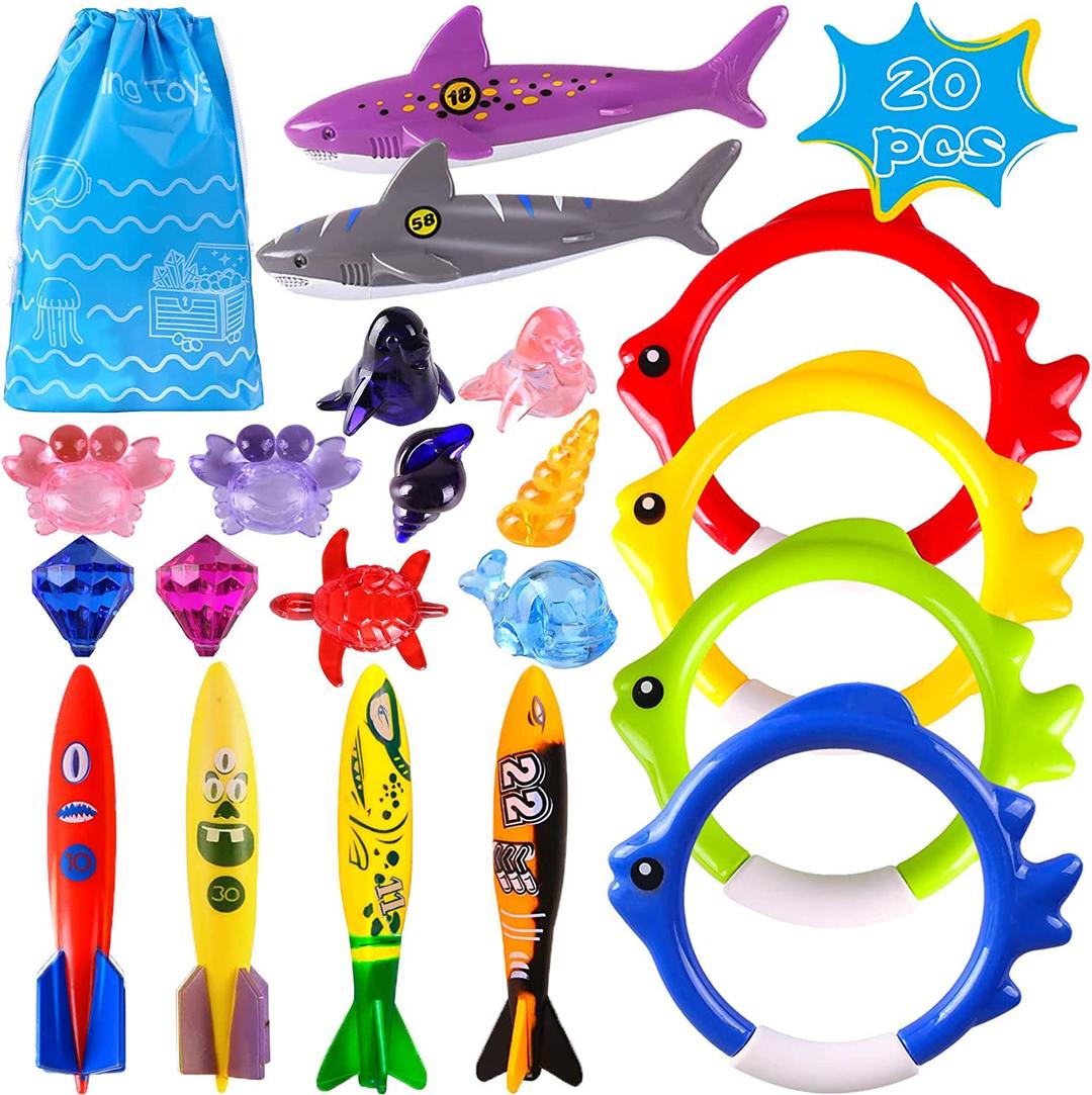 Summer Pool Diving Swimming Toys for Kids, Fun Swim Games Sinking Set, Underwater Dive Gifts with Storage Bag Include Torpedo Gems Shark Rings Sea Animals for Boys Girls Toddlers 20 Packs