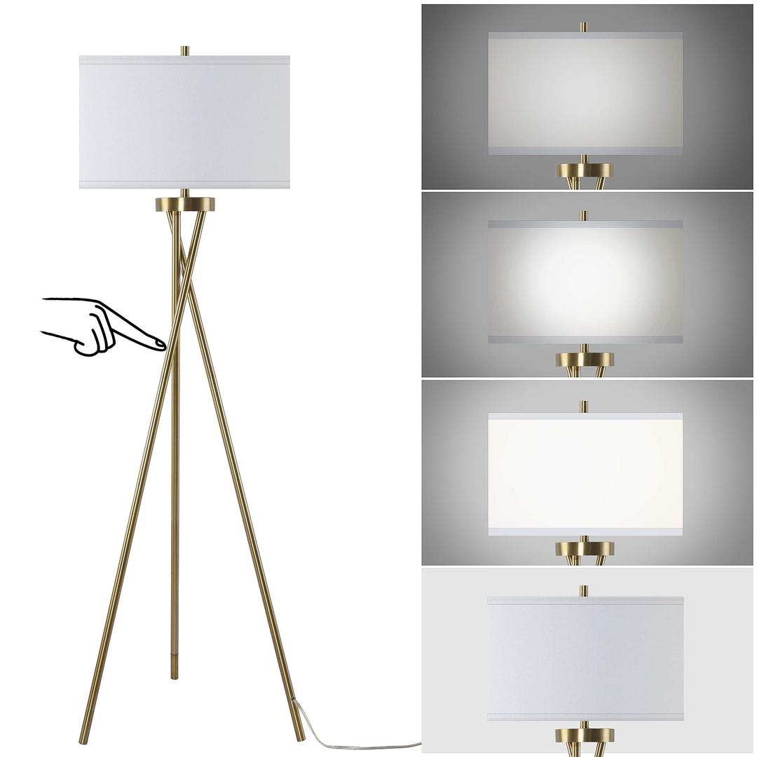 JIOSXC Touch Control Tripod Floor Lamp with White Linen Shade, Mid Century Standing Lamp, Modern Design Studying Light for Living Room Bedroom Study Room Office 3 Way Bulb Included (antiquer Brass)