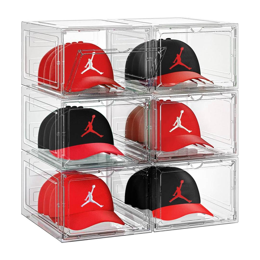 6 Pack Hat Organizer Box, Stackable Clear Baseball Caps Holder Box Containers with Magnetic Door for Hats Snapback Cap Storag, Hat Rack Display Case, Holds 8 Hats Each