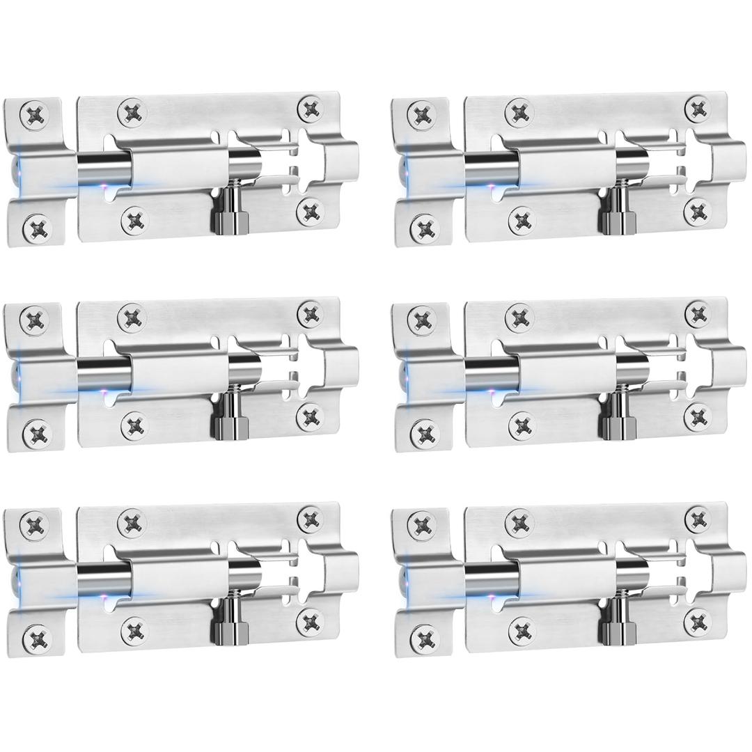 6 Pack Slide Lock, Premium Barrel Bolt Latch, Thickened Door Bolt Lock, 3 Inch Slide Bolt Latch with 36 Screws, Stainless Steel Slide Latch Lock, Slide Locks for Inside Door