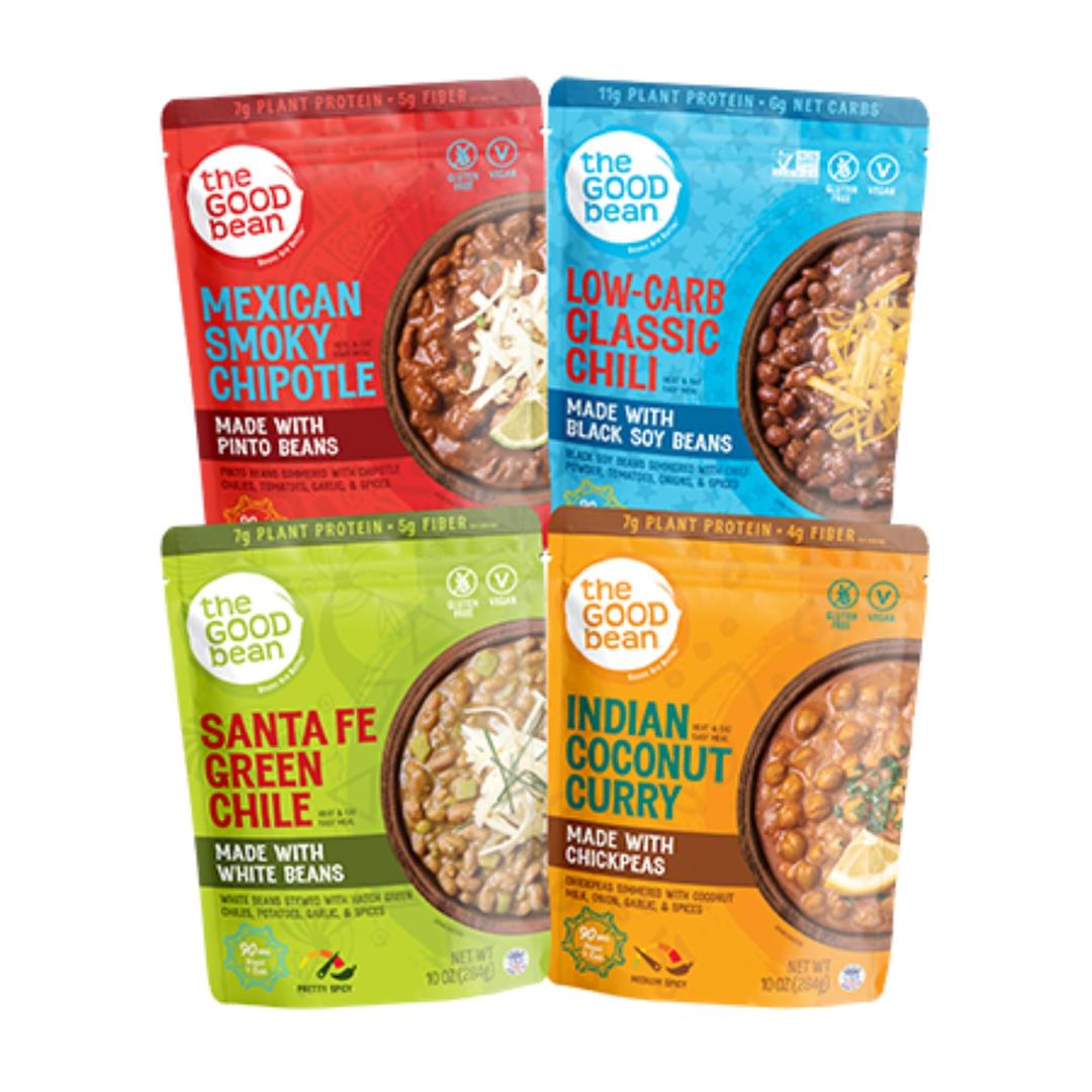 The Good BeanHeat and Eat Pouch - Variety Pack - (Pack of 4) 10 oz Pouch - Mexican Smoky Chipotle, Low-Carb Classic Chili, Santa Fe Green Chile, and Indian Coconut Curry