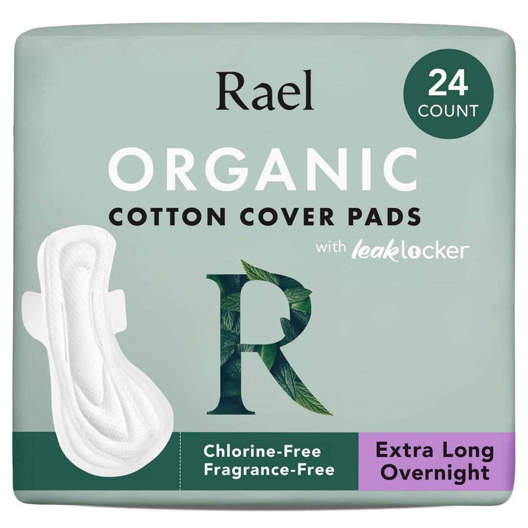 Rael Pads for Women, Organic Cotton Cover - Period Pads with Wings, Feminine Care, Sanitary Napkins, Heavy Absorbency, Unscented, Ultra Thin (Extra Long Overnight, 24 Count)