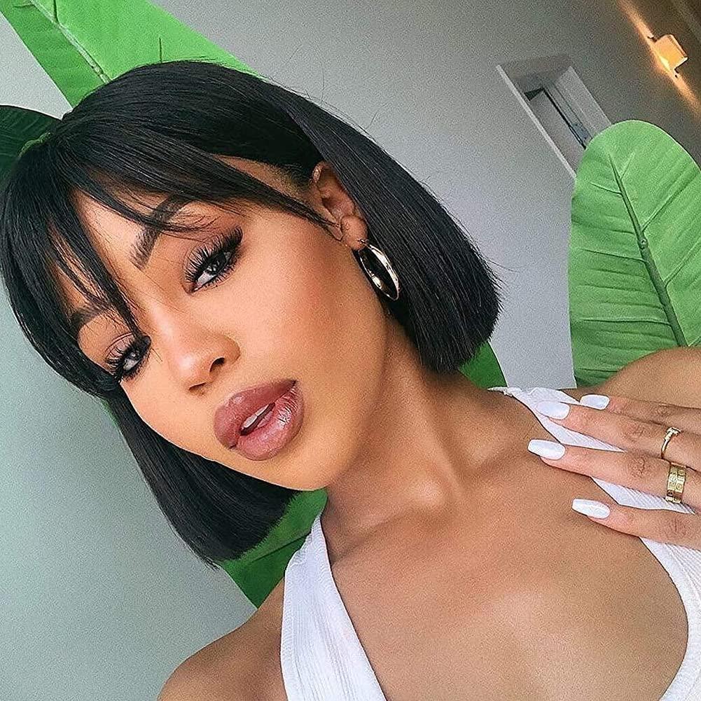 Royal Lady Brazilian Virgin Straight Short Bob Wigs with Bangs None Lace Front Wigs Machine Made Bob Human Hair Wigs with Bangs for Women Natural Color (10inch)