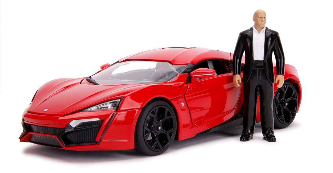 Jada Toys Fast & Furious Dom's W Motors Lykan Hypersport, Licht, Auto, Tuning-Modell, Maßstab 1:24, mit Spoiler, zu öffnende Türen, Motorhaube und Kofferraum, inkl. Dominic Toretto Figur, schwarz