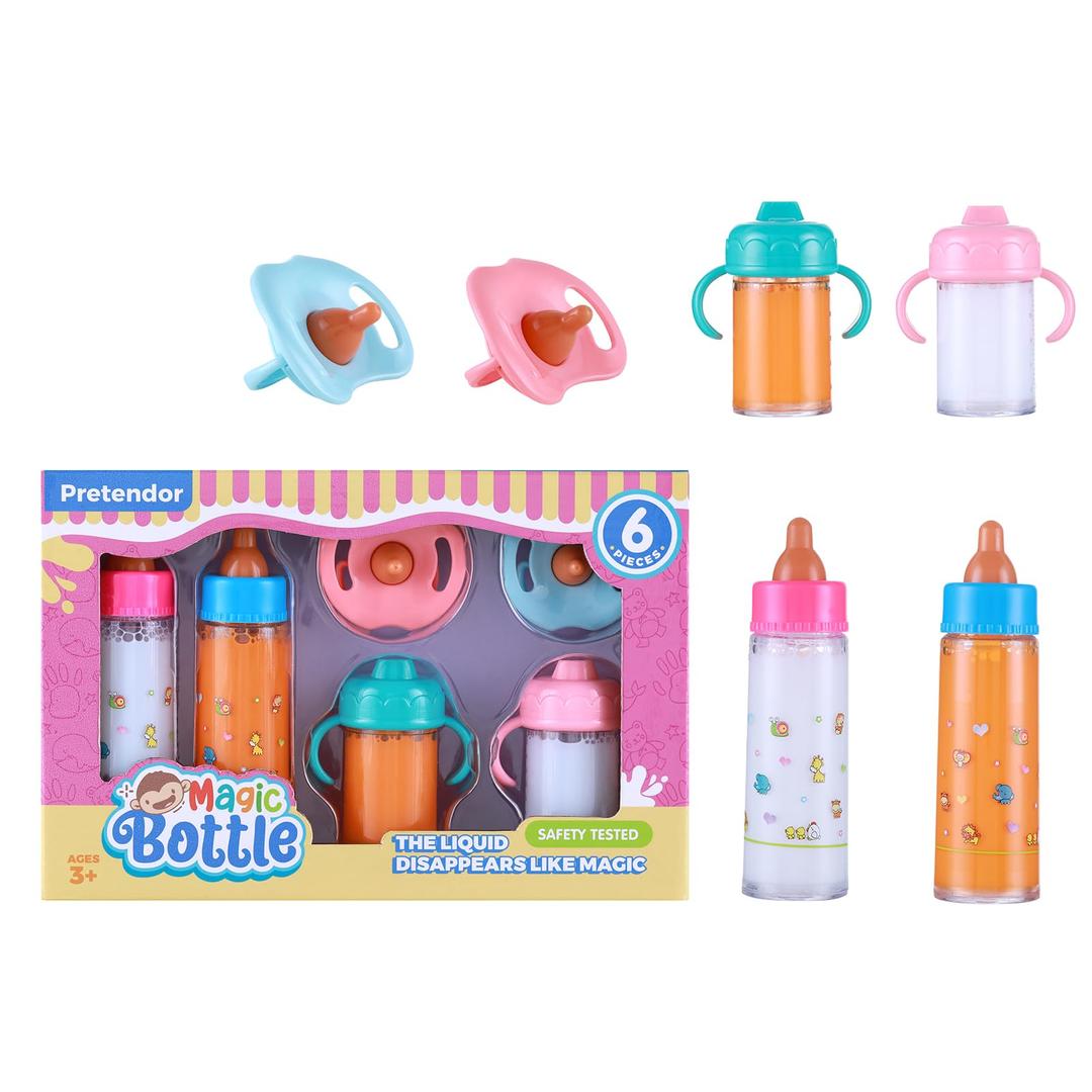 6 Pieces Magic Disappearing Milk and Juice Bottle with Pacifier,Pretend Play Feeding Toy Set for Girl,4 Bottles and 2 Pacifiers Baby Doll Accessories