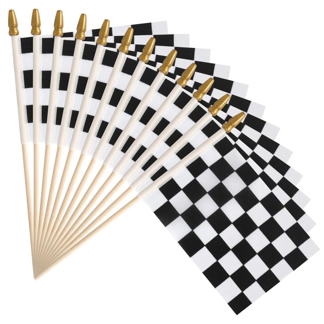 HOOSUN 12 Pack Checkered Flag On Sticks, 6"x4" Flags For Race Car Birthday Party Supplies, Double Sided Print Racing Stick Flag Race Cars Party Decorations, Black White Checkered Mini Flag For Room