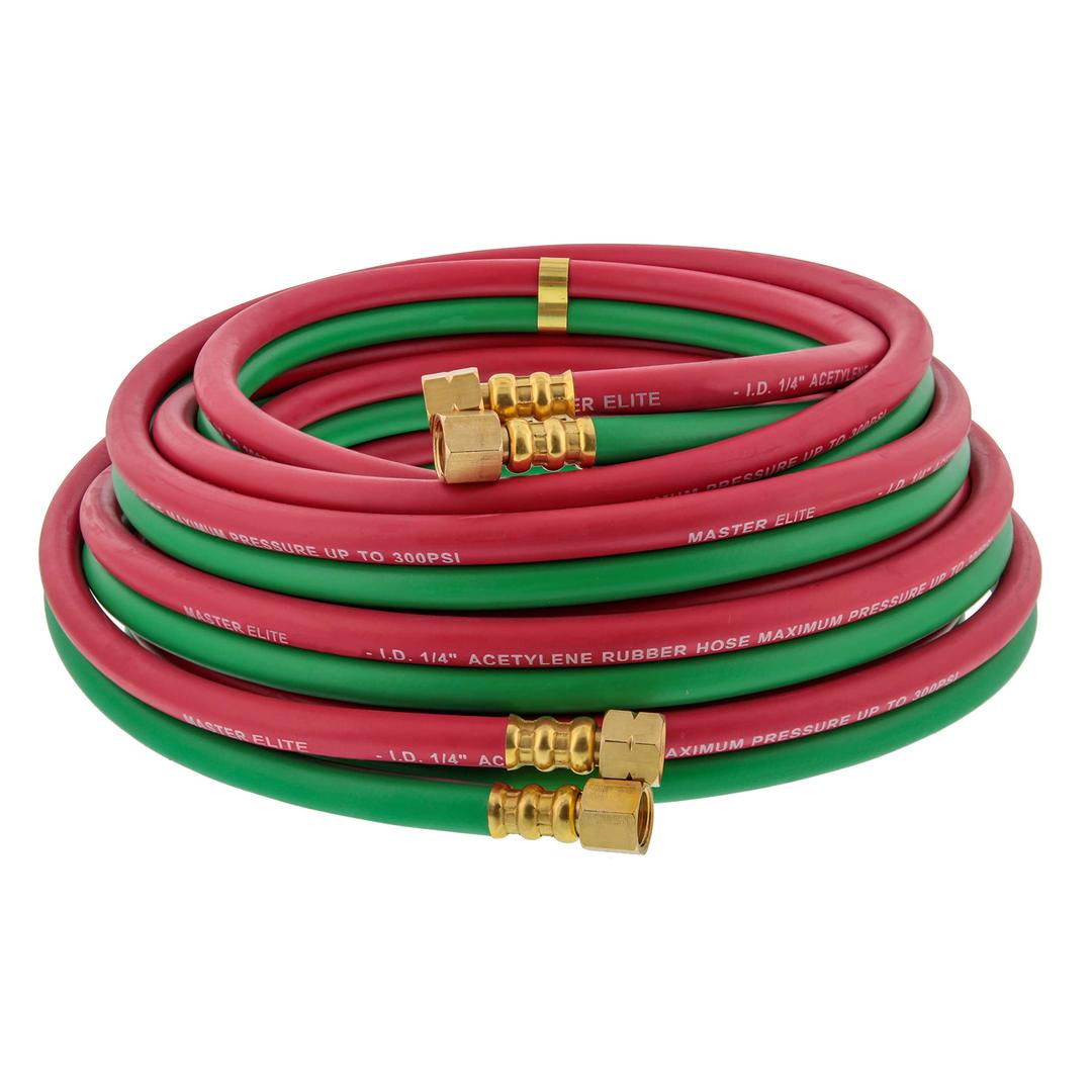 Master Elite 25 Foot Oxygen Acetylene Hose Twin Welding Hose Set, 1/4 Inch B Fittings, 9/16”-18 - Oxy Acetylene Cutting Torch Hoses, Welder Gas Hose Cut Metal, Green Red, Grade R, Fits Regulators