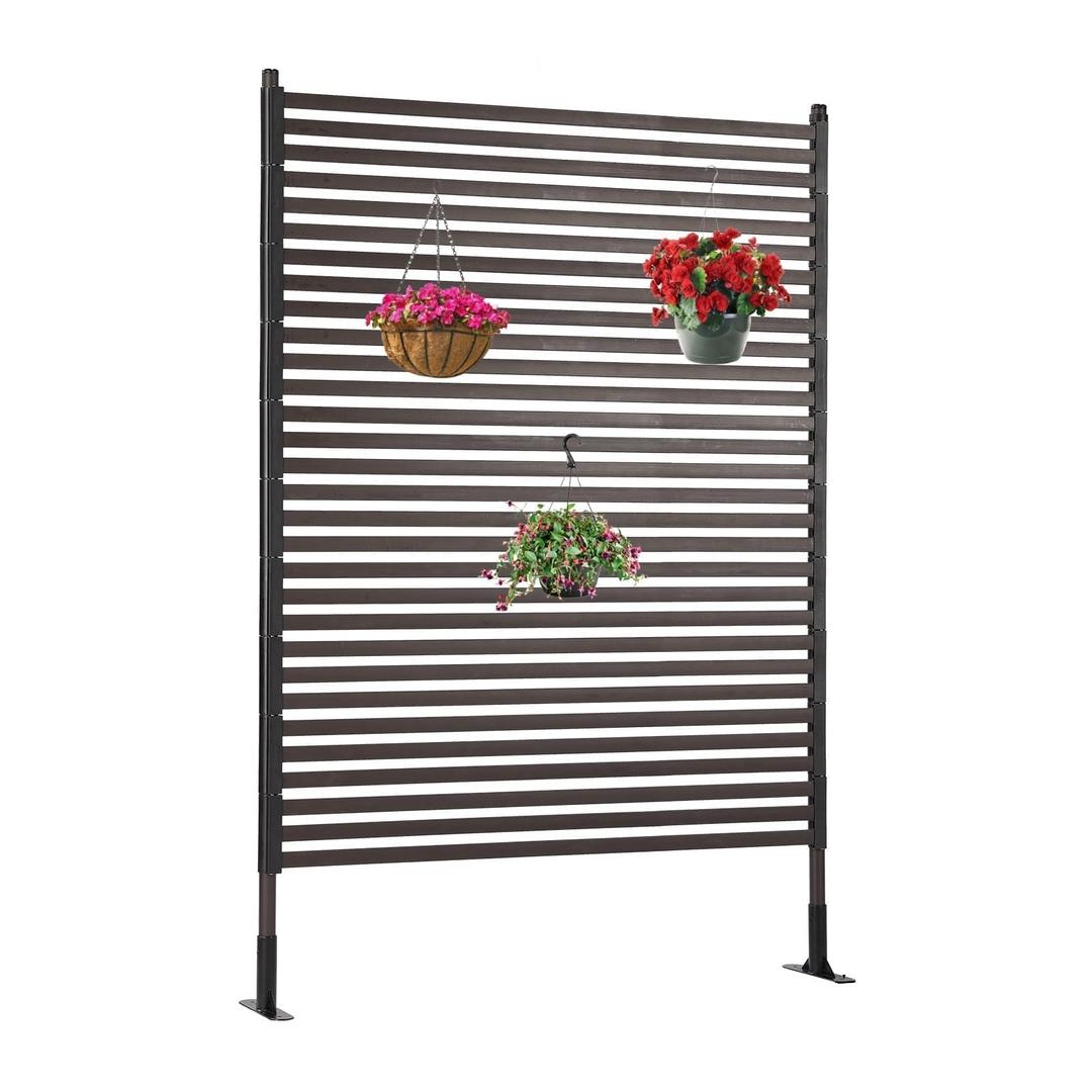 Metal Outdoor Privacy Screen with Stand, 4 ft W x 6 ft H PE-Coating Steel Pipes and Slats Panels, Decoative Privacy Screen Fence Panels Freestanding for Outside Patio Garden Backyard, Brown