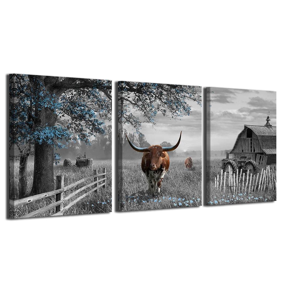 yiijeah Western Wall Decor - Rustic Blue Tree Brown Cow 3 Piece Wall Art - Farmhouse Black and White Picture Canvas Artwork for Walls - Field Scenery Wall Art