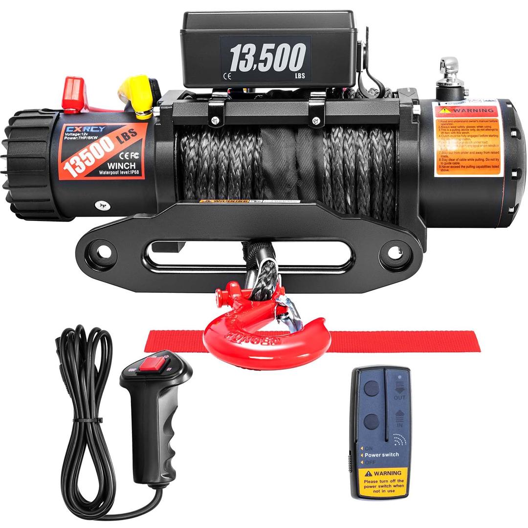 CXRCY 12V Electric Winch,13500LBS Load Capacity Synthetic Rope Towing Winches for Jeep Truck SUV,with Wired Handle and Wireless Remote