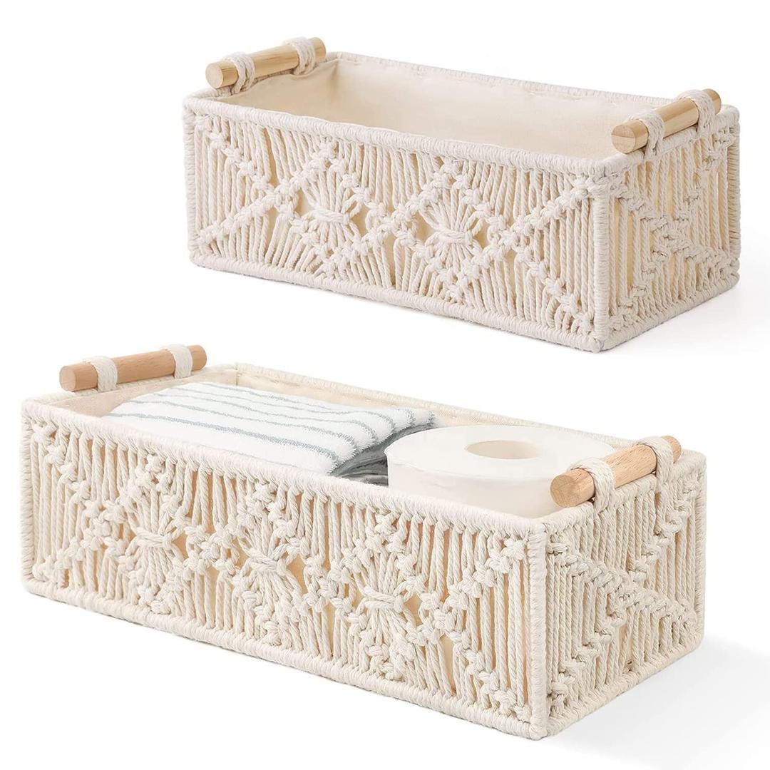 Angju Macrame Storage Baskets Boho Decor Box Handmade Woven Decorative Countertop Toilet Tank Shelf Cabinet Organizer for Bedroom Nursery Livingroom Home, Set of 2