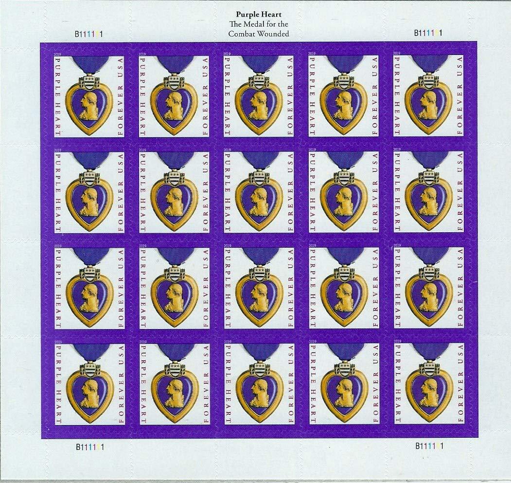 USPS Purple Heart and Ribbon with Frame, The Medal for The Combat Wounded (Sheet of 20) Postage Forever Stamps 2019 Scott #5419