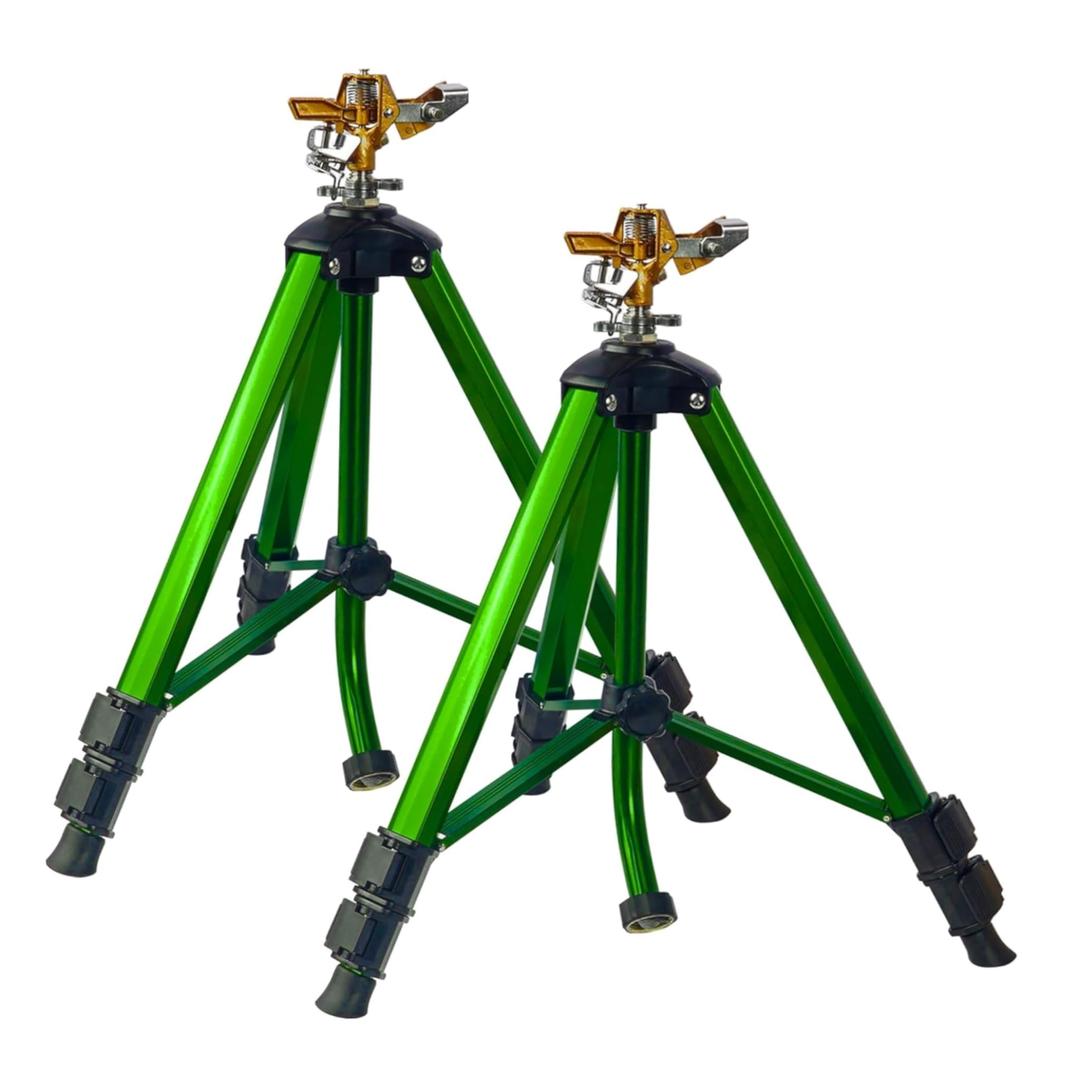 Impact Sprinkler on Tripod Base, 2 Pack Tripod Sprinklers with Brass Head, 360 Degree Large Area Irrigation with Extension Legs Flip Locks, Heavy Duty 3/4" Connector for Lawn Yard Garden