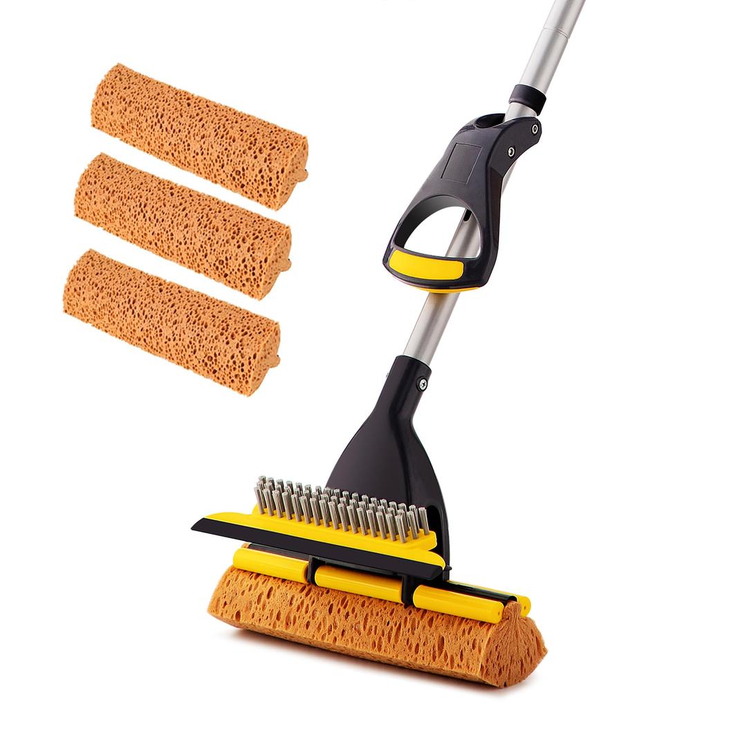 Yocada Sponge Mop Home Commercial Use Tile Floor Bathroom Garage Cleaning with 3 Sponge Heads in Total Squeegee and Extendable Telescopic Long Handle 42.5 to 52 Inches Easily Dry Wringing Only 3 Heads