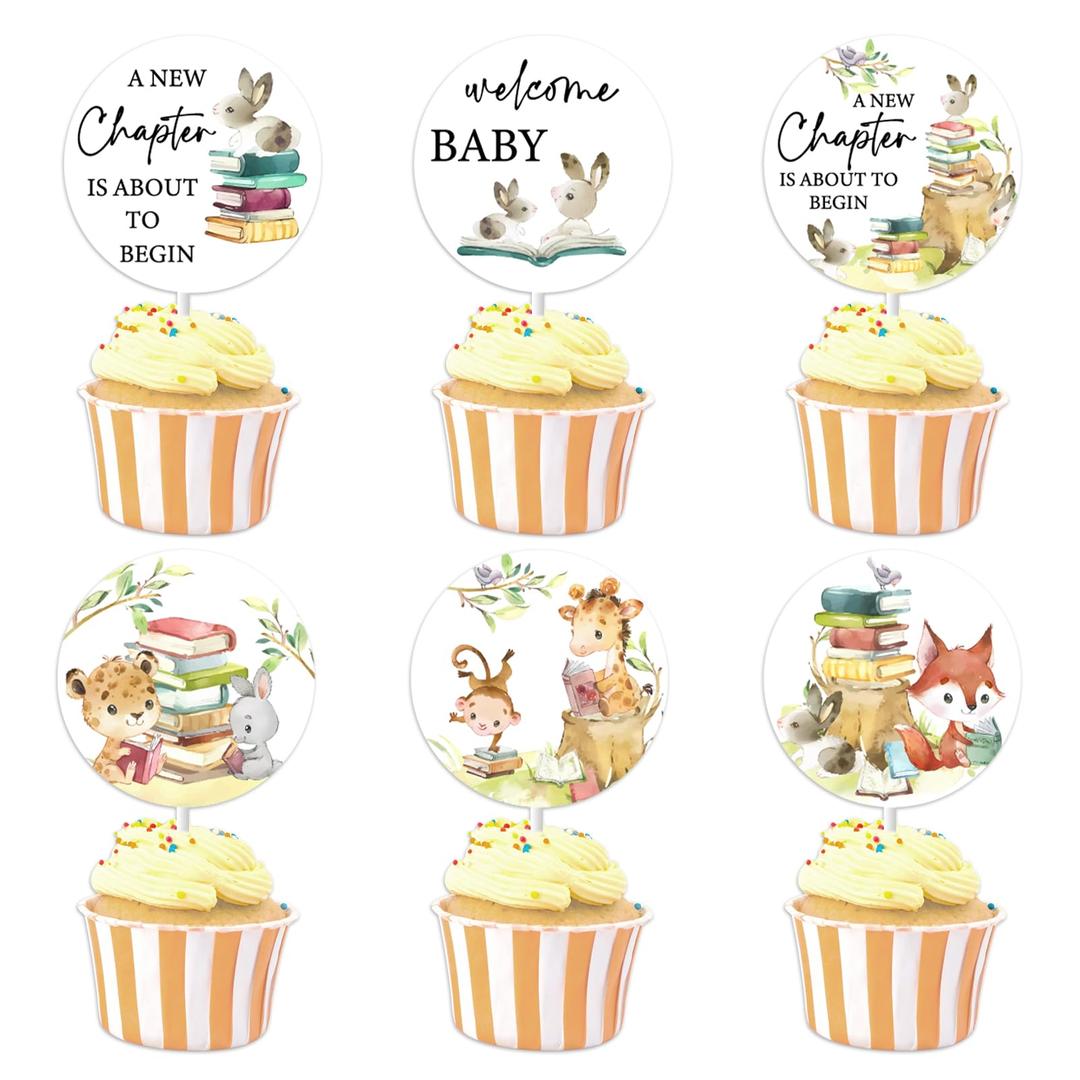 JOYMEMO24 Pcs Storybook Baby Shower Cupcake Toppers for Boy Girl, A New Chapter Is About To Begin Baby Shower Welcome Baby Cake Decorations, Woodland Animal Party Supplies