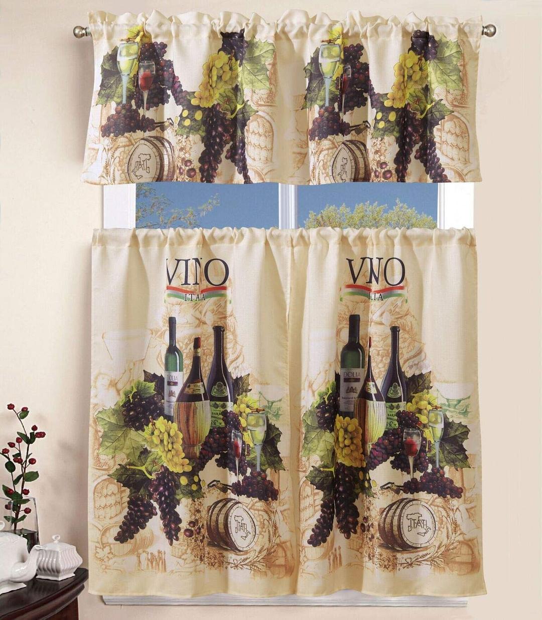 Sapphire Home Kitchen Curtain Linen 3 Piece Set - 2 Tiers + 1 Tailored Valance, Amalfi Vineyard Grapes Design Linen Stylish Window Curtains for Your Kitchen Décor, KC Amalfi