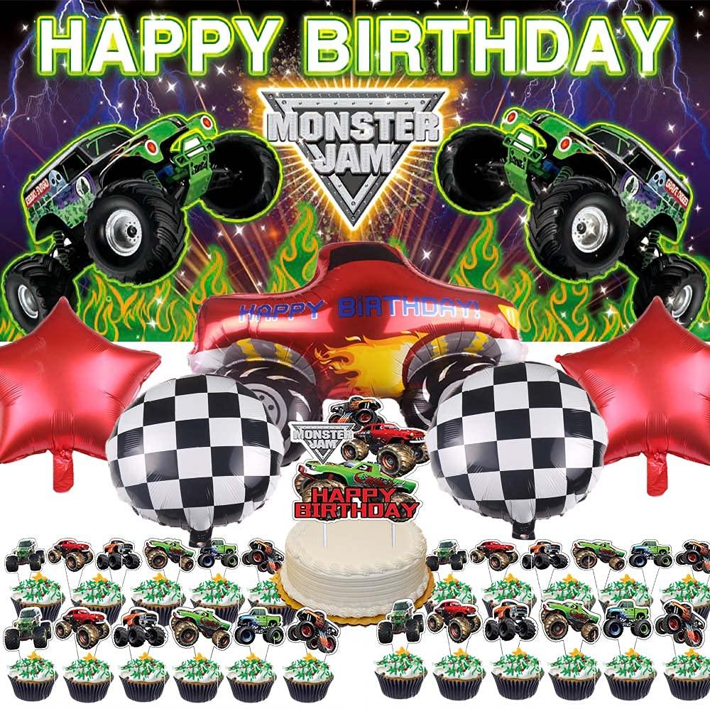 Monster Truck Party Supplies Decorations Balloons Grave Digger for Boys Banner Backdrop Birthday Set Cake Topper Decor