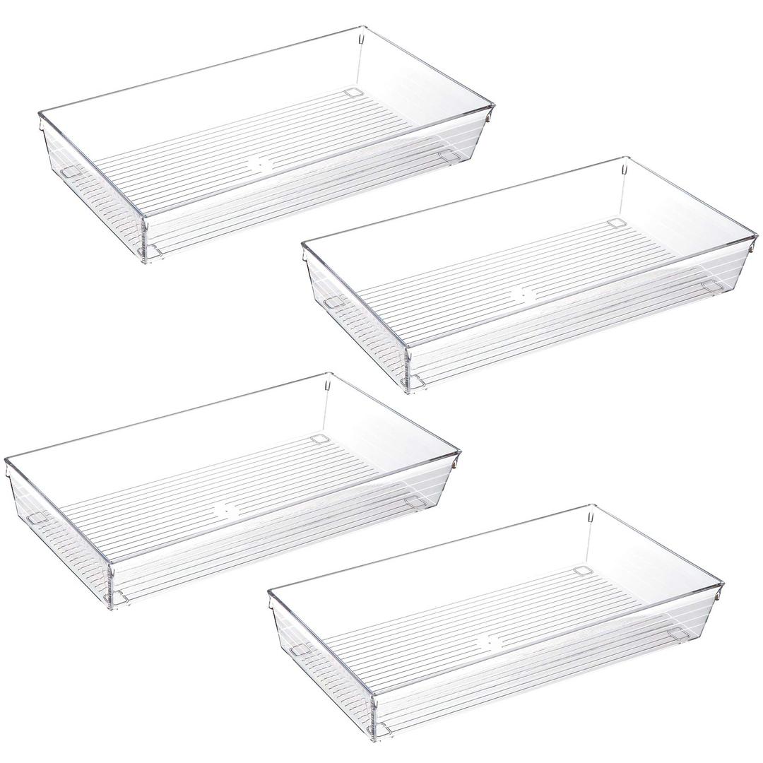 4 Pack 12"x 6" Large Size Clear Plastic Desk Drawer Organizer Tray Bathroom Office Kitchen Utensils Silverware Gadgets Dividers Desk Drawer Storage Bins Container for Dresser Cosmetic Makeup