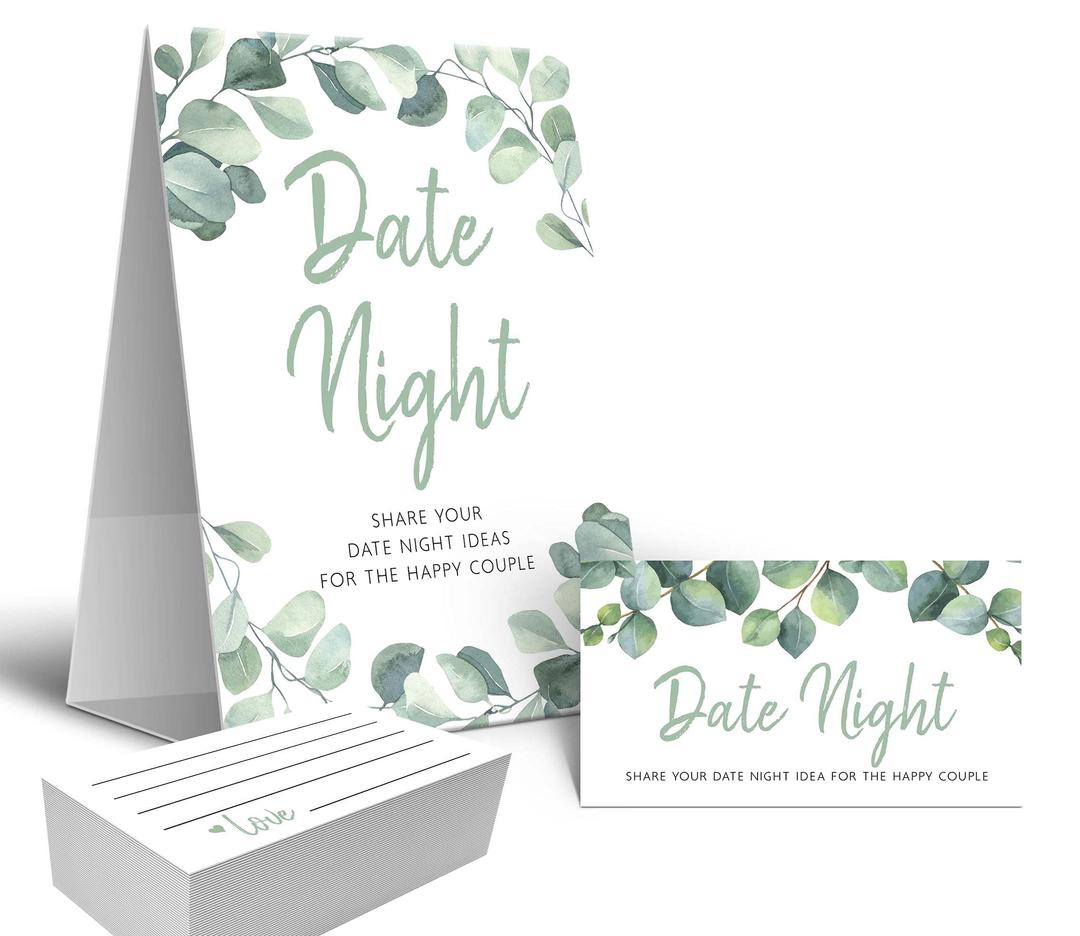 Your Main Event Prints Eucalyptus Bridal Shower Games – Date Night Game, Includes 1 Stand (5x7) and 50 Guessing Cards