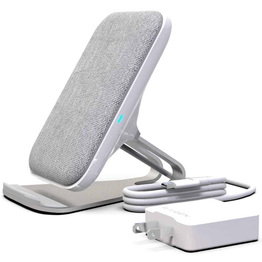 RAIGEN Wireless Charging Stand + Fast Charge AC Adapter Modern Fabric Canvas Design 7.5W for iPhone Xs MAX XR X 8 Plus, 10W for Samsung Galaxy S10 S9 S8 S7 Note 9/8 (Light Grey)