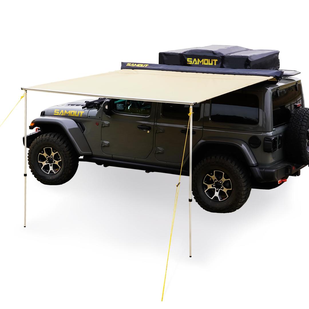 Vehicle Awning, 4.6ft x 6.6ft, Rooftop Pullout Ripstop UPF50+ Side Awning, Reinforced Hinges & Poles for Jeep/SUV/Truck/Van