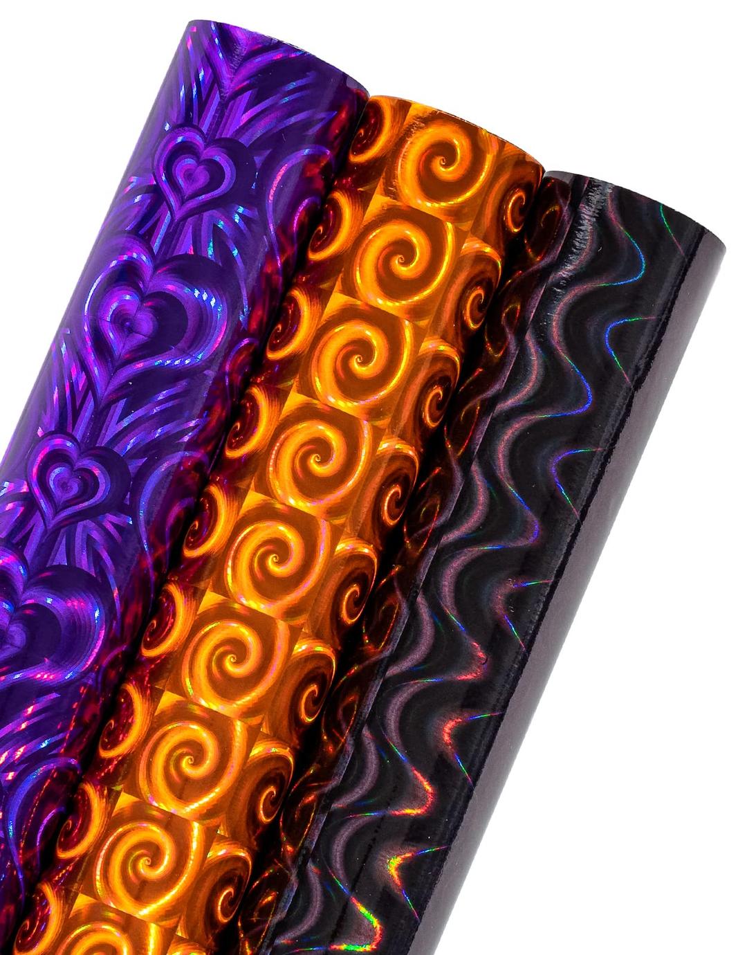 LeZakaa Holographic Wrapping Paper Roll - Mini Roll - Purple Heart/Orange Spiricle/Black Wavy Stripe for Halloween, Valentine's Day, Birthday, Holiday - 17 x 120 inches - 3 Rolls (42.5 sq.ft.ttl.)