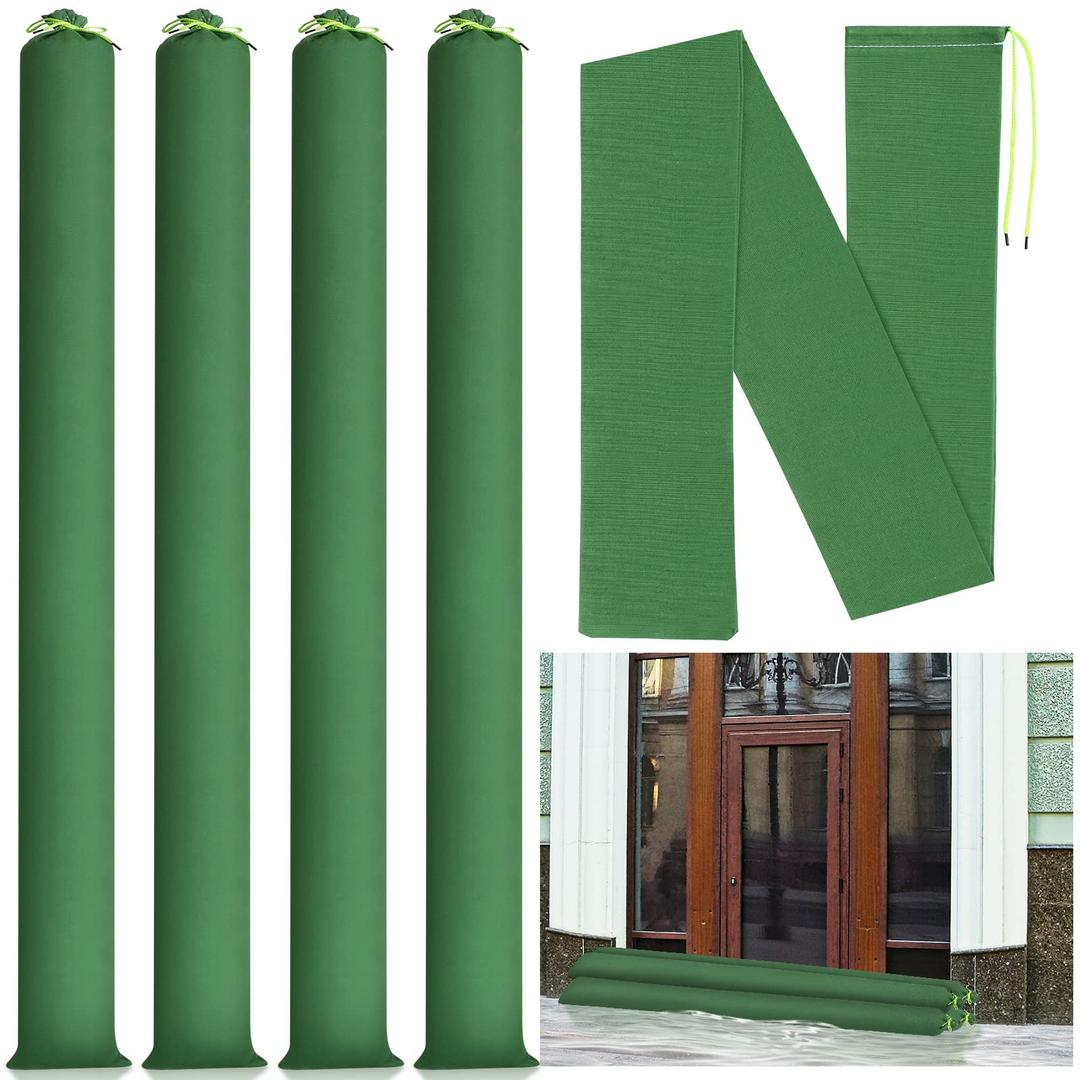 Threan4 Pcs Long Canvas Sandbags Flood Protection Thickened Reusable Sand Bags Rain Wind Flood Barrier with Elastic Band Water Barrier Tube Sandbags for Door Window Rain Water Flood, Green (6 ft)