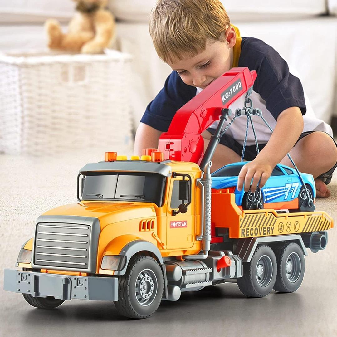 ORCHID M® Kids Toys for 3 4 5 6 7 Years Old Boys, 15" Large Tow Truck Toy,Friction Powered Transport Truck Crane Toy with Lights and Sounds,with Roadster,Toddlers Gifts