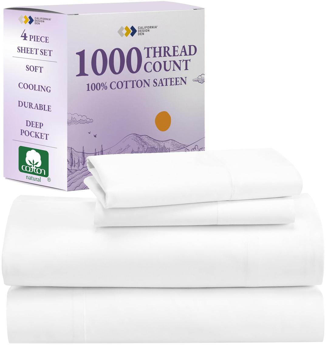 California Design Den 1000 Thread Count Queen Size Sheet Set, Winner Architectural Digest Best Sheet, Luxury 100% Cotton Sateen Bed Sheets, Softer Than Egyptian Cotton (White)