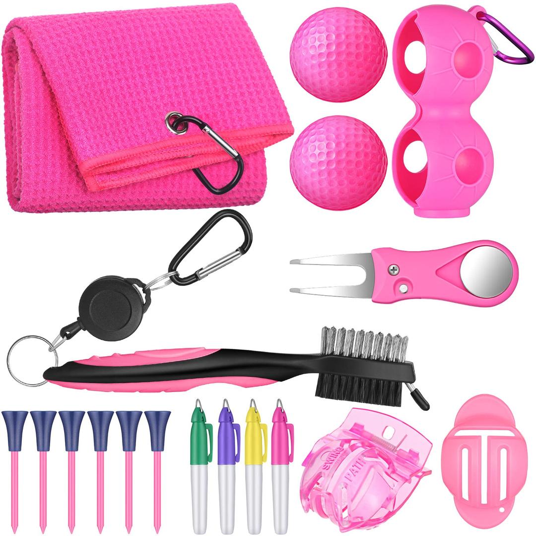 18 Pcs Pink Golf Accessories Kit, Include Golf Ball Marker, Golf Balls Holder, Club Groove Cleaner Brush, Divot Repair, Plastic Tees, Pink Golf Balls, Golf Towel with Clip, Golf Gift Set for Women