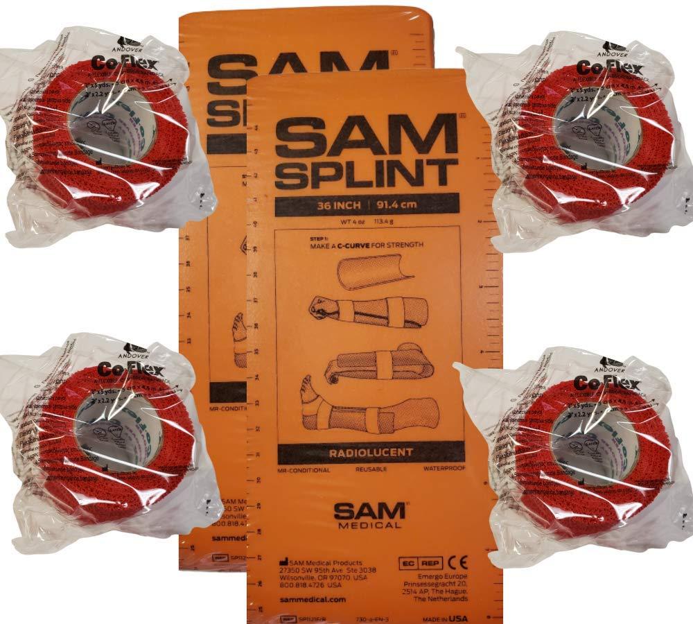 SAM Splint Kit - 36" Flat SAM Splints & 2" x 5yds Cohesive Wraps (Red Wrap, 2 Splints)