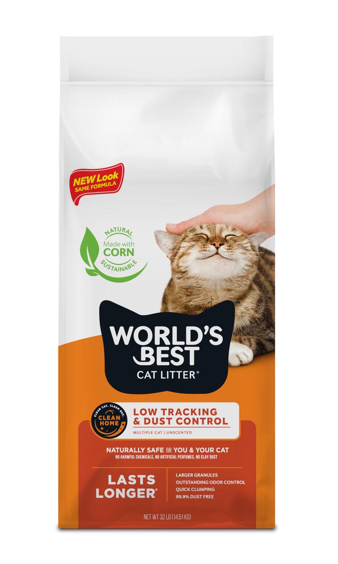 World's Best Cat LitterLow Tracking & Dust Control Multiple Cat Unscented 32-Pounds - Natural Ingredients, Quick Clumping, Flushable & Made in USA - Long-Lasting Odor Control & Easy Scooping