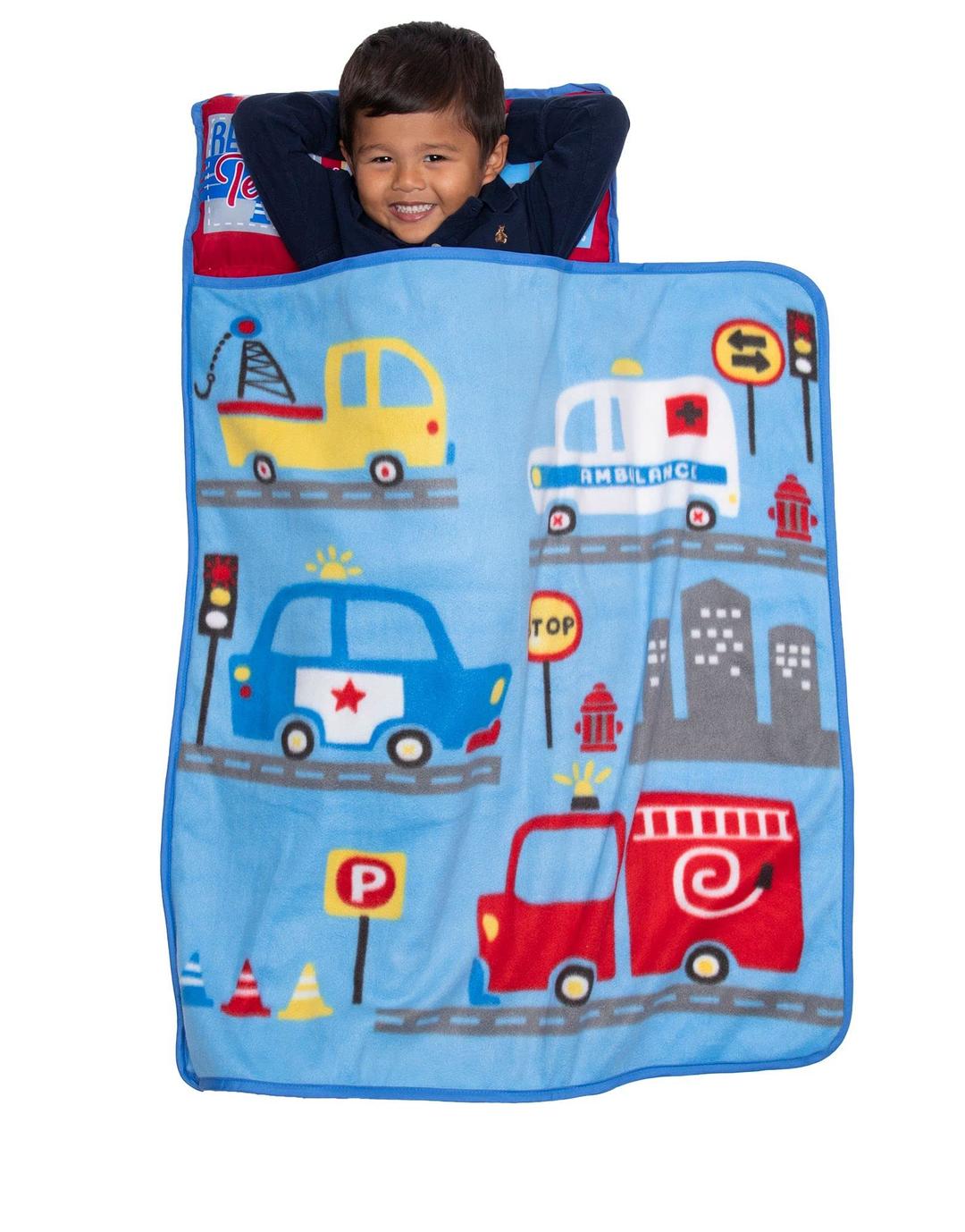 Baby Boom Funhouse First Responders Kids Nap Mat Set – Includes Pillow and Fleece Blanket – Great for Boys Napping during Daycare or Preschool - Fits Toddlers, Blue