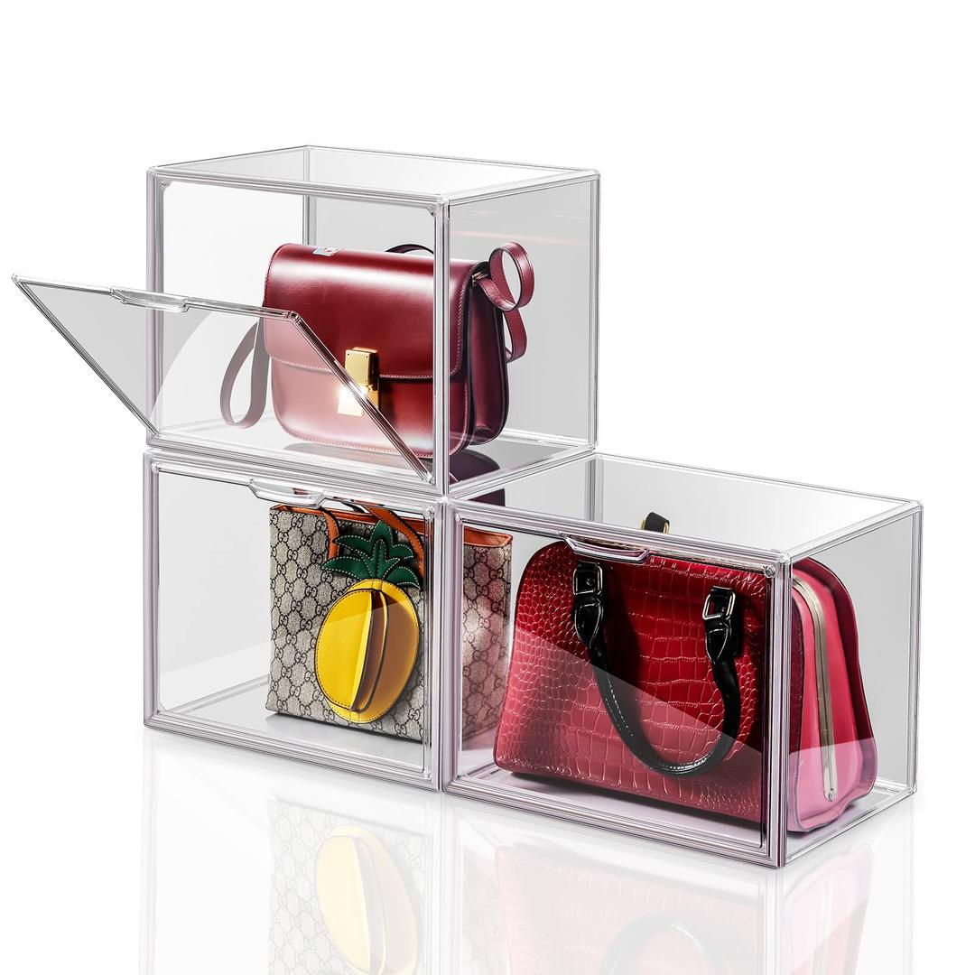 3Pack Clear Plastic Handbag Storage Organizer for Closet, Acrylic Display Case for Handbag and Purse, Purse Organizer for Closet with Magnetic Lid for Book, Toys, Hat