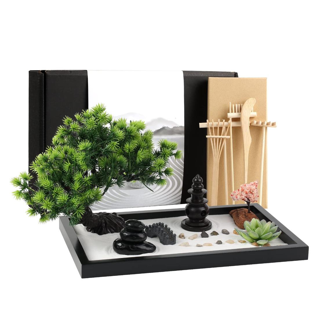 Zen Garden Kit for Desk Decor - Premium Beautiful Japanese Mini Sand Box Set Home, Office with Black Wooden Tray, White Sand, Rake Tools Desktop Meditation, Therapy and Accessories