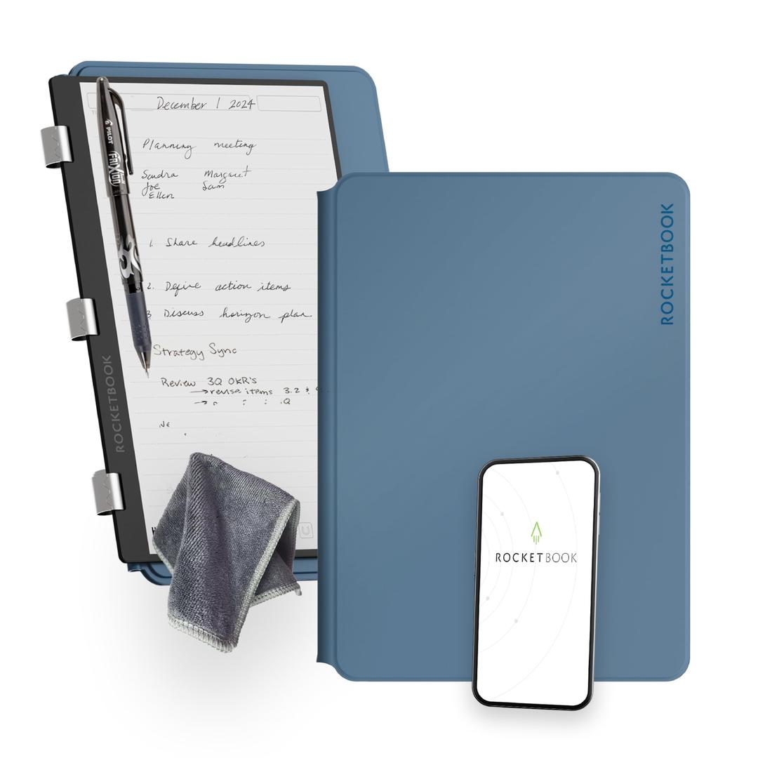 New Rocketbook Pro 2.0 Smart Notebook | Steel Blue | Scannable Office Notebook with 20 Sheet Page Pack - Lined and Dot Grid | Hardcover Vegan Leather Reusable Notebook with 1 Pilot Frixion Pen & 1 Microfiber Cloth | Letter Size: 8.5 in x 11 in