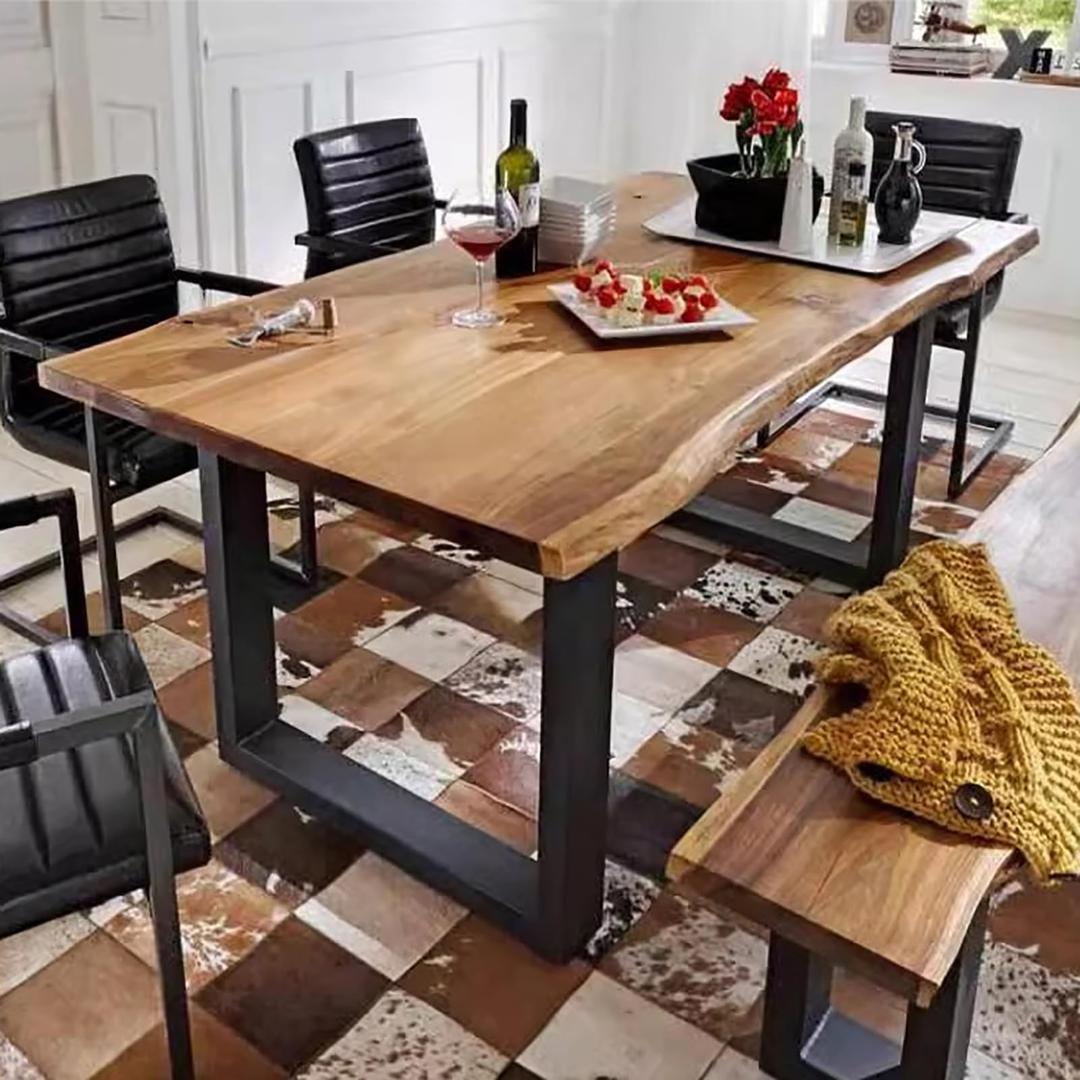 Industrial Solid Wood Dining Table,Rectangle Live Edge Kitchen Table,Rustic Pine Table Top & Metal Base,Large Long Dining Room Table for 2,4,6,8(47.2" L x 23.6" W x 29.5" H, Brown)