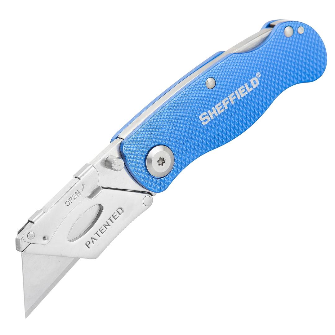 Sheffield12113 Folding Utility Knife, Quick Change Utility Knife Blades, Compact Aluminum Handle, Box Cutter, Razor Blades Included