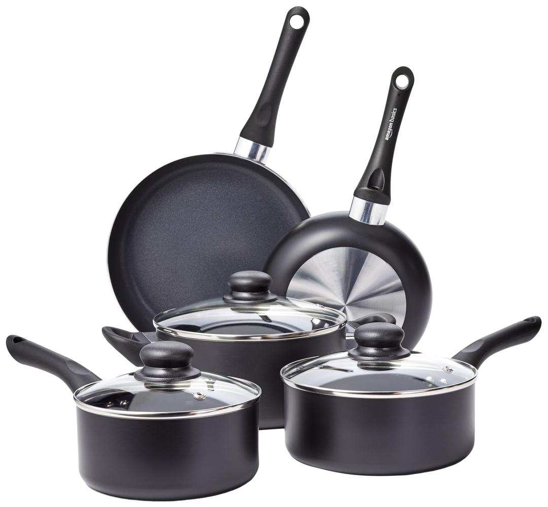 Amazon Basics Non Stick 8-Piece Kitchen Cookware Set, Includes Pots and Pans, Black